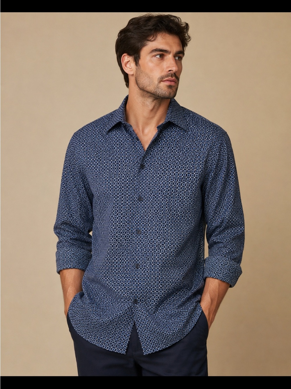 Express Men's Navy Blue Patterned Long-Sleeve Button-Down Shirt